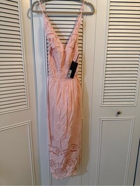 Women’s Light Pink Lace-Trim Maxi Dress with Smocked Waist